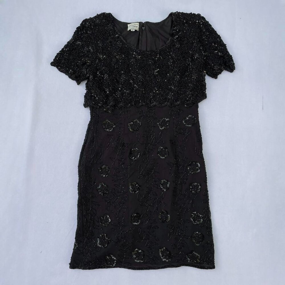 Vintage Stenay Black Beaded Floral Formal Elegant Knee Length Dress Sz 12 Silk